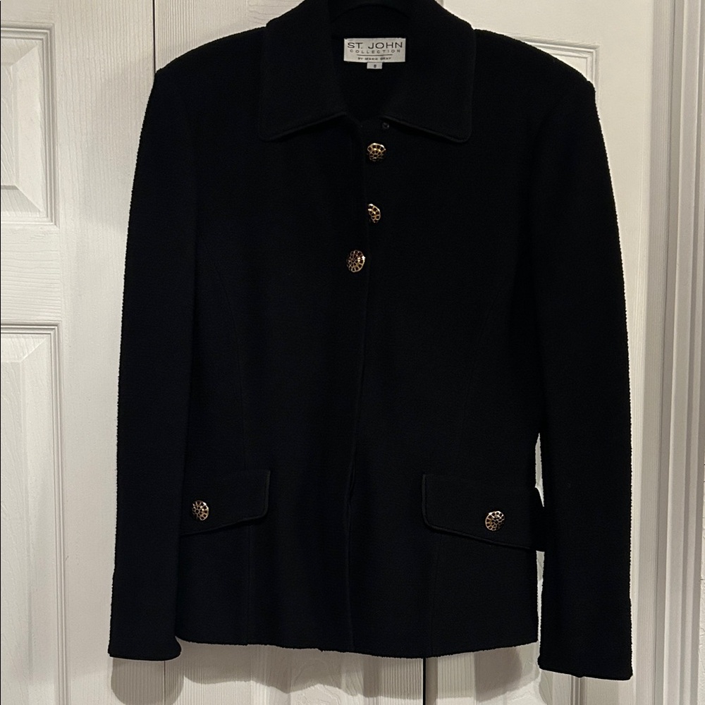 St. John Black Blazer with Gold Buttons with matching skirt.